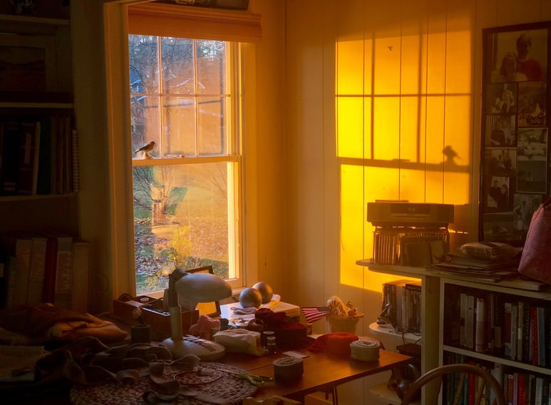 Messy cottage room in sunset lights